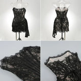 Nukty Women's Sexy Lace Dress Solid Color Sheer Patchwork High Waist Lace Dress Elegant Printed Strapless Slim Evening Dress