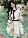 Nukty Sweet Off Shoulder Womens Dresses Elegant Bow Lace-up Long Sleeves Princess Ruffles Party Short Dress Spring A-line Vestidos New