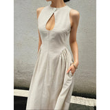 Nukty Women's Hollow A-line Pendant Dress Temperament Drawn Sleeveless Long Dress Summer New Style