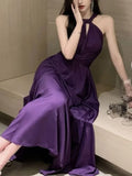 Nukty Purple Sexy Party Sleeveless Dress Women Chiffon France Vintage Long Dress Female Beach Elegant Chic Backless Dress Summer
