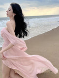 Nukty Summer Pink Elegant Pleated High Waist Split Long Dress Women Fashion Backless Halter Strapless Fairy Dress Female 2024 Vestido