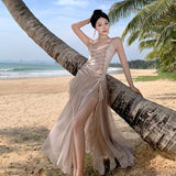 Nukty Maxi Long Dresses for Women New Summer Elegant Spaghetti Strap Slim Split Ruffle Female Clothes Beach Holiday Bandage Dress
