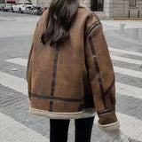 Nukty Winter Sheepskin Coat Faux Fur Suede Leather Women Warm Lamb Shearling Jacket Zipper Moto Biker Long Sleeve Short Casual Outwear