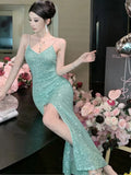 Nukty Women's Sexy Green Evening Dresses Slim Backless V-Neck Split Gown Long Dress Fashion Robe Birthday Party Vestidos Spring Autumn