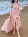 Nukty Summer Pink Elegant Pleated High Waist Split Long Dress Women Fashion Backless Halter Strapless Fairy Dress Female 2024 Vestido