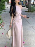 Nukty Elegant French Chic Satin Women's Dresses Solid Pleated Slim Wasit Inclined Shoulder Mermaid Dress 2025 New Summer Evening Party