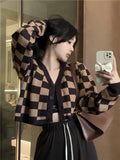 Nukty Checkerboard Crop Cardigan V-neck Button Up Knitted Sweaters Women Autumn Winter Outfit