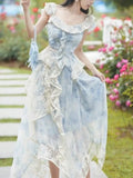 Nukty Sky Blue Chiffon Print Vintage Womern's Two Pieces Set Romantic Ruffles Top Lace Embroidery Asymmetrical Skirt Suit Fashion Lady