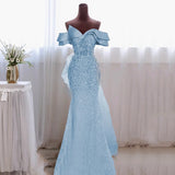 Nukty Baby Blue Mermaid Evening Dress Off Shoulder Sequins Elegant Prom Party Gowns Formal Occasion Dress Vestido De Gala
