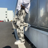 Nukty Mens Fashion Printed jeans Spring Mopping Trousers Jeans Korean Style High Street Loose Hip Hop Wide-leg Jean Pants