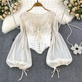 Nukty Court Style Corselet Blouse Women Chiffon Lace Patchwork Elegant Blusas V-neck Lantern Sleeve Female Autumn Blouses