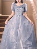 Nukty Customized Fairy Exquisite Square Collar Puff Sleeve Elegant Sleeve Floral Appliques Bow Slim Waist A-line Vestidos Wave Edge Ti