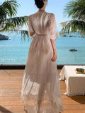 Nukty White Lace Flora Embroidery Women Dresses Bodycon Summer Vacation V-neck Vintage Women's Clothing Elegant Maxi Vestido Lady New