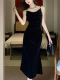 Nukty Elegant Women Black Backless Birthday Velvet Dress Autumn Spaghetti Strap Slim Party Evening Dresses Female Casual Vestidos