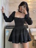 Nukty Black Vintage 3 Piece Skirt Set Women Sexy Lolita Y2k Mini Skirt Suit Female Casual Korean Fashion Long Sleeve Retro Set