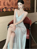 Nukty Sexy Slim Evening Gown Luxury Dresses Women's Backless V-Neck Split Maxi Dress Fashion Robe Birthday Party Spring Autumn New