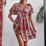 Nukty 2024 Summer New Women Ethnic Graphic Print Dress Beach Bohemian Sundress V Neck Short Sleeve Dress Holiday Dresses Vestidos