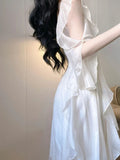 Nukty White Korean Elegant Dress Women Summer Chiffon Vintage Fairy Dresses Female Ruffles Korean Style Fashion Princess Dresses
