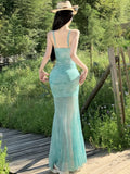 Nukty Sexy Spaghetti Strap Print Womens Dresses Elegant Sleeveless Bodycon Evening Party Long Dress Summer Slim Waist Vestidos Mujer