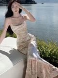 Nukty Elegant Velvet Print Mermaid Womens Dresses Sexy Spaghetti Strap Sleeveless Bodycon Evening Party Dress Slim Waist Vestidos Robe