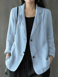 Nukty Vintage Summer Lapel Neck Long Sleeve Work Suits Blazer Women Casual Solid Cotton Blazer Elegant Cardigan Thin Coats