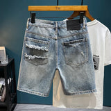 Nukty Korean Fashion Ripped Mens Denim Shorts Vintage Streetwear Summer Casual Straight Shorts Men Brand Clothing Hip-Hop Short Jeans