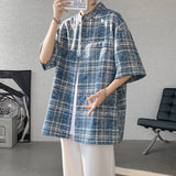 Nukty Vintage Blue Loose Plaid Men'S Shirt Fashion Tie-dye Printed Lapel Short Sleeve Men Shirts Blouses Tops Male Clothing 5XL-M