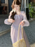 Nukty Elegant French Romantic Ruffles Chiffon Purple Women's Dresses Square-Collar Slim Wasit Long Sleeves  korean Dress Vacation New