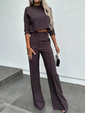 Nukty Elegant Women Letter Print Two Piece Sets Autumn O Neck Short Top & Wide Leg Pants Outfits Office Lady Casual Streetwear Suits