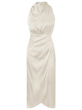 Nukty Women Summer Halter Satin Midi Party Dress Sleeveless Bodycon Slim Casual Solid Birthday Vestidos Female One Pieces Fashion Robe