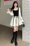 Nukty Spring Autumn Vintage Patchwork Y2k Sweet Kawaii Party Dresses for Women Casual Lace Up Bow Harajuku Long Sleeve Club Mini Dress
