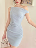 Nukty Elegant Solid Bodycon Evening Party Dresses Fashion Diagonal Collar Off Shoulder Prom Vestidos Summer Korean Female Clothing New