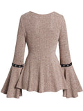 Nukty Fashion Lace Up Grommet Ruched Flare Sleeve Knit Top Textured Heathered Knitted Top With Long Bell Sleeve For Autumn New
