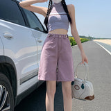 Nukty Summer New Korea Fashion Loose Women Jeans Shorts Purple Pink High Waist Straight Pockets Female Wide Short Pants