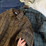 Nukty Japan Vintage Plaid Short Sleeve Shirt for Men Y2k Streetwear Korean Harajuku Loose Casual Half Sleeve Mens Shirts Jacket Coat
