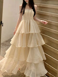 Nukty French Elegannt Strap Ruffles Romantic Cake Women's Dresses Backless Sleeveless Princess Vestidos Spring Summer New Robe