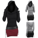 Nukty Hooded Winter Dresses  Gothic style Lace Up Slim Waist Belted Long Sleeve Dress Bicolor Slinky Cowl Front Bodycon Dress Cosplay