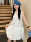 Nukty Summer Elegant Korean Solid Short Women's Dress Sweet Sleeveless O-Neck Loose-Fit Causal Office Lady Ball Gown Mini Skirt