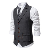Nukty Men's Retro Lapel Chain Vest Fashion Herringbone Coarse Tweed Pockets Suit Vest British Casual Vintage Gentleman Leisure Party