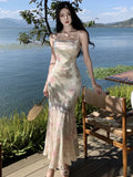 Nukty Elegant Velvet Print Mermaid Womens Dresses Sexy Spaghetti Strap Sleeveless Bodycon Evening Party Dress Slim Waist Vestidos Robe