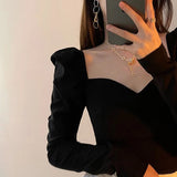 Nukty Vintage Elegant Shirts Women Puff Sleeve Square Collar Blouses Office Lady Korean Autumn Black Chic Slim Casual All Match Tops