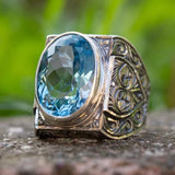 Nukty Retro Handmade Turkish Signet Rings for Men Ancient Silver Color Carved Ring Mystic Zircon Inlay New Punk Motor Biker Ring