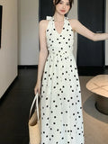 Nukty Dot Chic Retro Elegant French Style Polka Sling Dresses Bow Backless Slim Waist Halter-neck Split Dress Spring Summer New