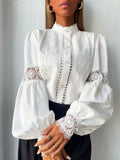 Nukty White Lace Blouses Women Elegant Solid Casual Lace and Button Hook Flower Hollow Puff Sleeves Blouse Top Lady Office Shirts
