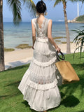 Nukty Elegant Hollow Out Womens Dresses French V-neck Sleeveless Party Long Dress Summer Spring Slim Waist A-line Beach Vestidos New