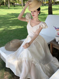 Nukty Women V Neck Backless Evening Party Dress Summer Beige Sweet Temper French Fairy Sundresss Fashion Clothing Vestido