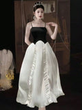 Nukty French Ruffle Pleated Elegant Fashion Evening Party Black White Women's Dresses Spliced A-Line Prom Spaghetti Strap Dress New