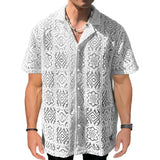 Hollow Out Breathable Beach Mesh Shirt Mens Short Sleeve Button Lapel Mesh Tops For Men Summer Vintage Pure Color Shirts