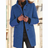 Nukty Women Vintage Solid Color Stand-up Collar Tweed Jacket Autumn Winter Warm Commuter Outerwear Single-breasted Cardigan Long Coat