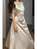 Nukty Vintage Satin Midi Dresses for Women New Summer French Fold Hollow Out Elegant Prom Fashion Slim Casual Female Clothes Robe